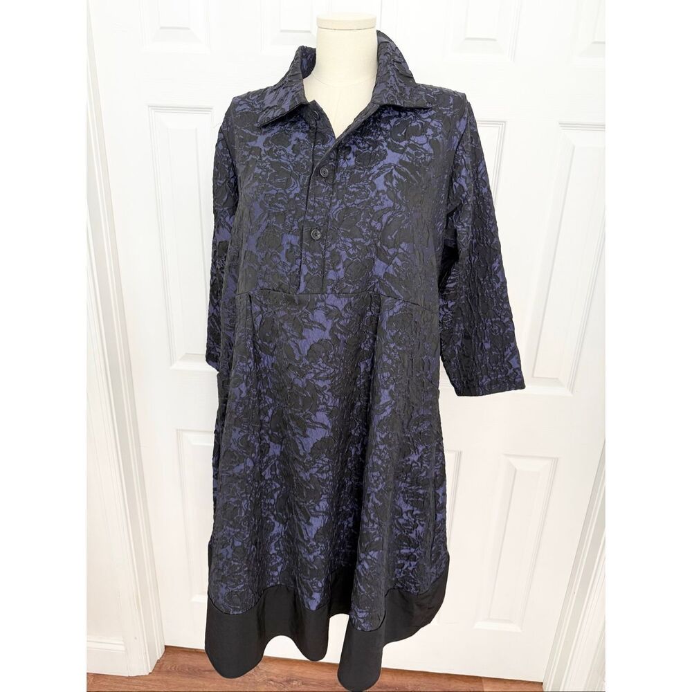 Heydari Brocade Black Purple Floral Textured Jacquard 3/4 Sleeve Shirt‎ Dress XL